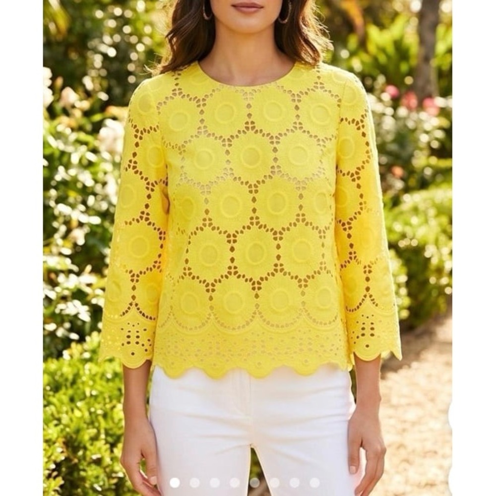 Lilly Pulitzer Yellow Eyelet Lace Long Sleeve Blouse Top size large